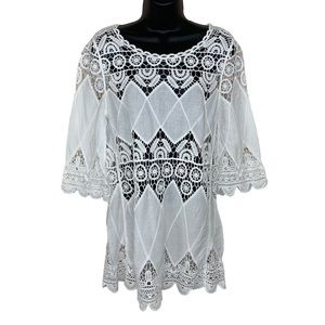 White Lace Cotton Tunic Blouse Top Medium Boho Cottage Half Sleeve Beach